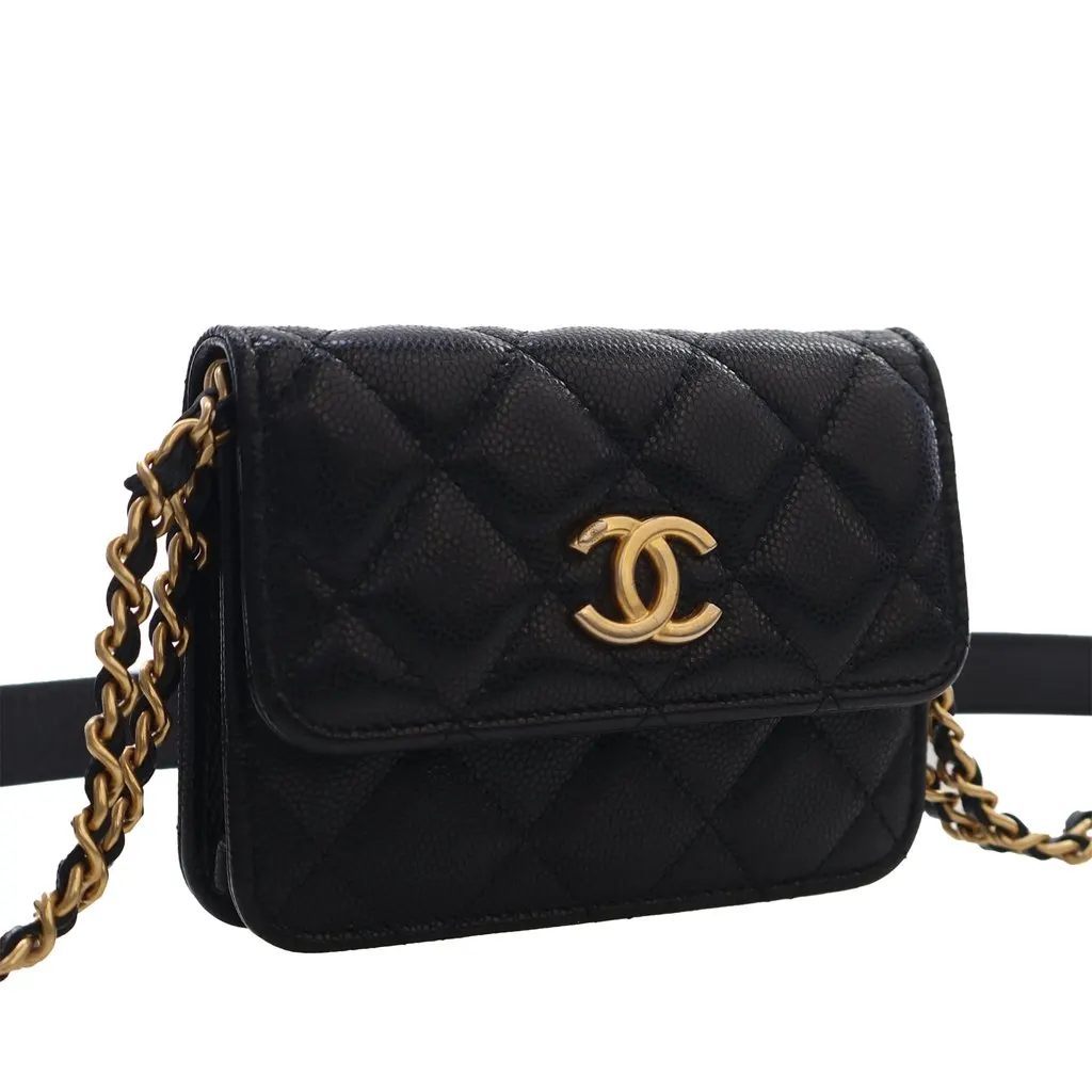 Chanel Quilted Caviar Twist Your Buttons Coin Purse With Chain Black Leather Very good - Back View