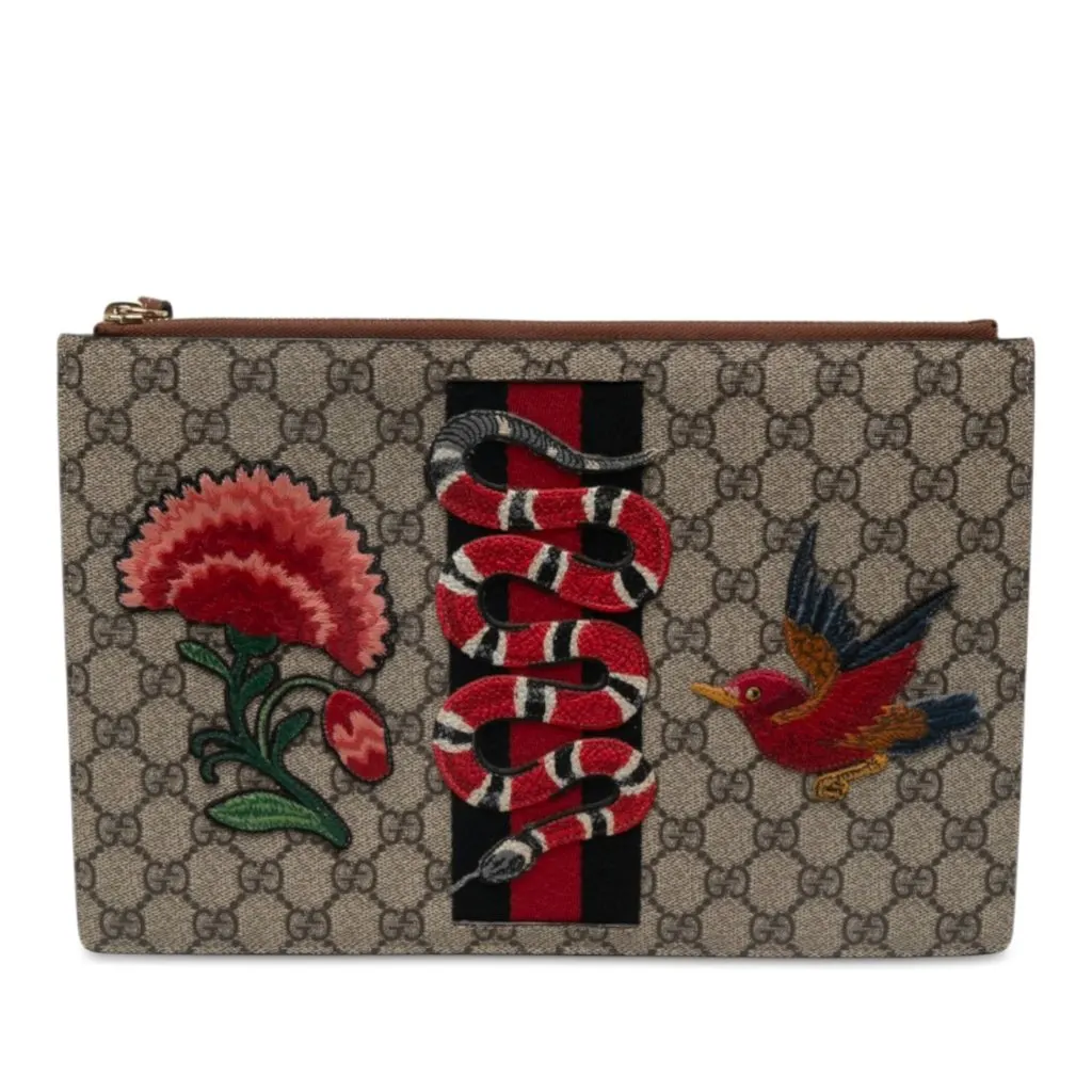 Gucci GG Supreme Embroidered Kingsnake Clutch Beige Canvas Very good - Front View