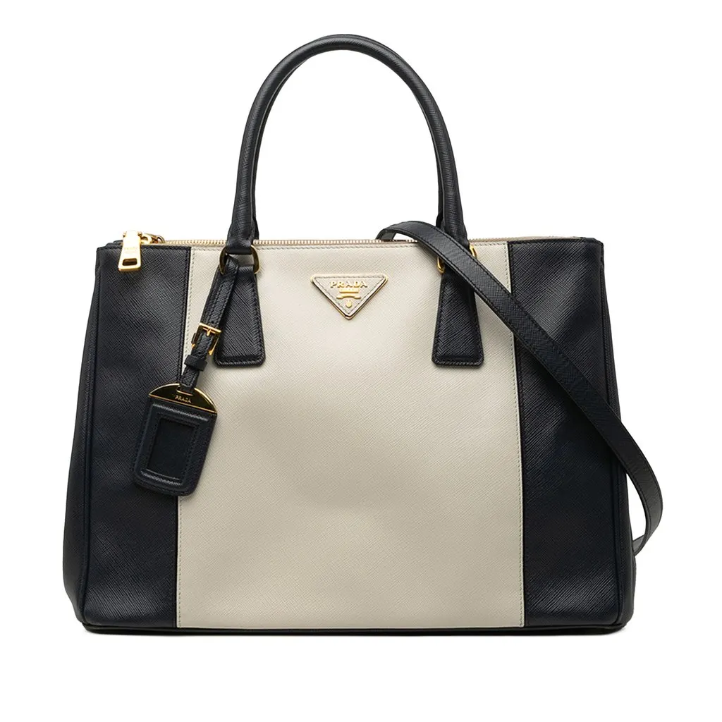 Prada Medium Bicolor Saffiano Lux Galleria Double Zip Satchel White Leather Very good - Front View