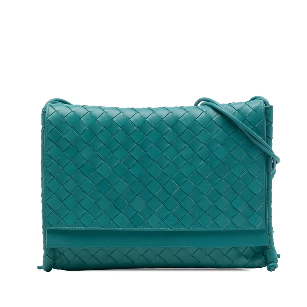 Bottega Veneta Medium Nappa Intrecciato BV Fold Crossbody Blue Leather Very good - Front View