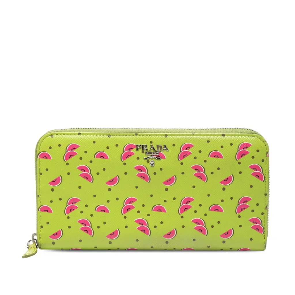 Prada Saffiano Watermelon Zip Around Long Wallet Green Leather Very good - Front View