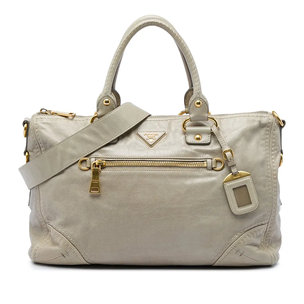 Prada Vitello Shine Bauletto Zip Top Satchel Beige Leather Very good - Front View