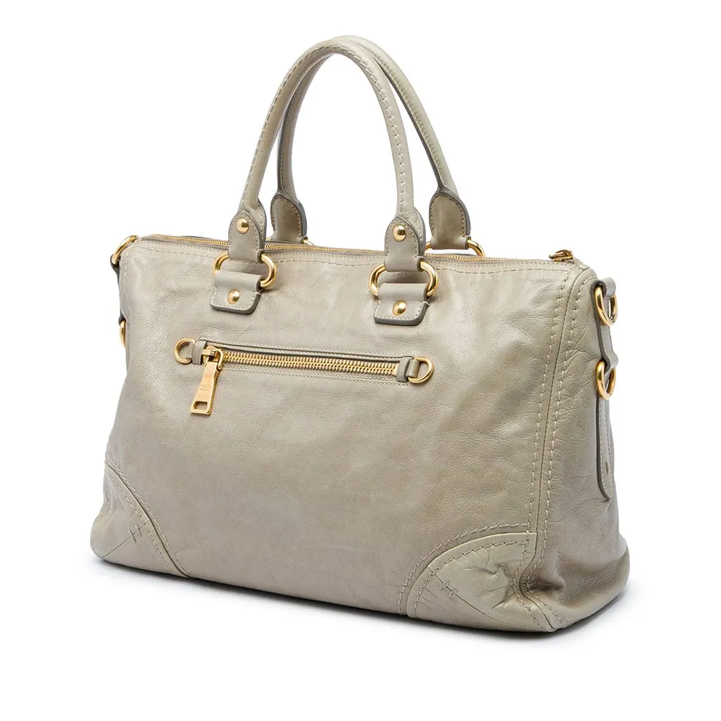 Prada Vitello Shine Bauletto Zip Top Satchel Beige Leather Very good - Back View