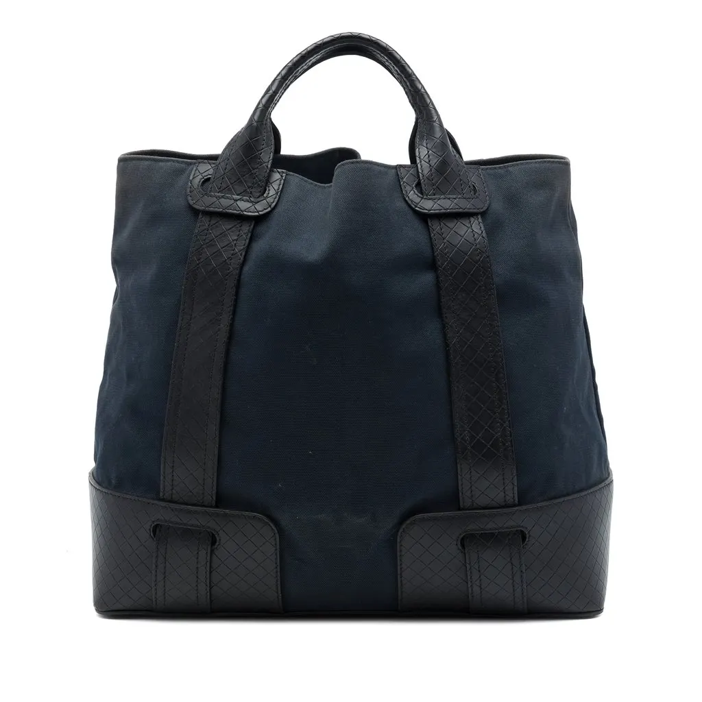 Bottega Veneta Nappa Intrecciato Trimmed Canvas Tote Blue Canvas Good - Front View