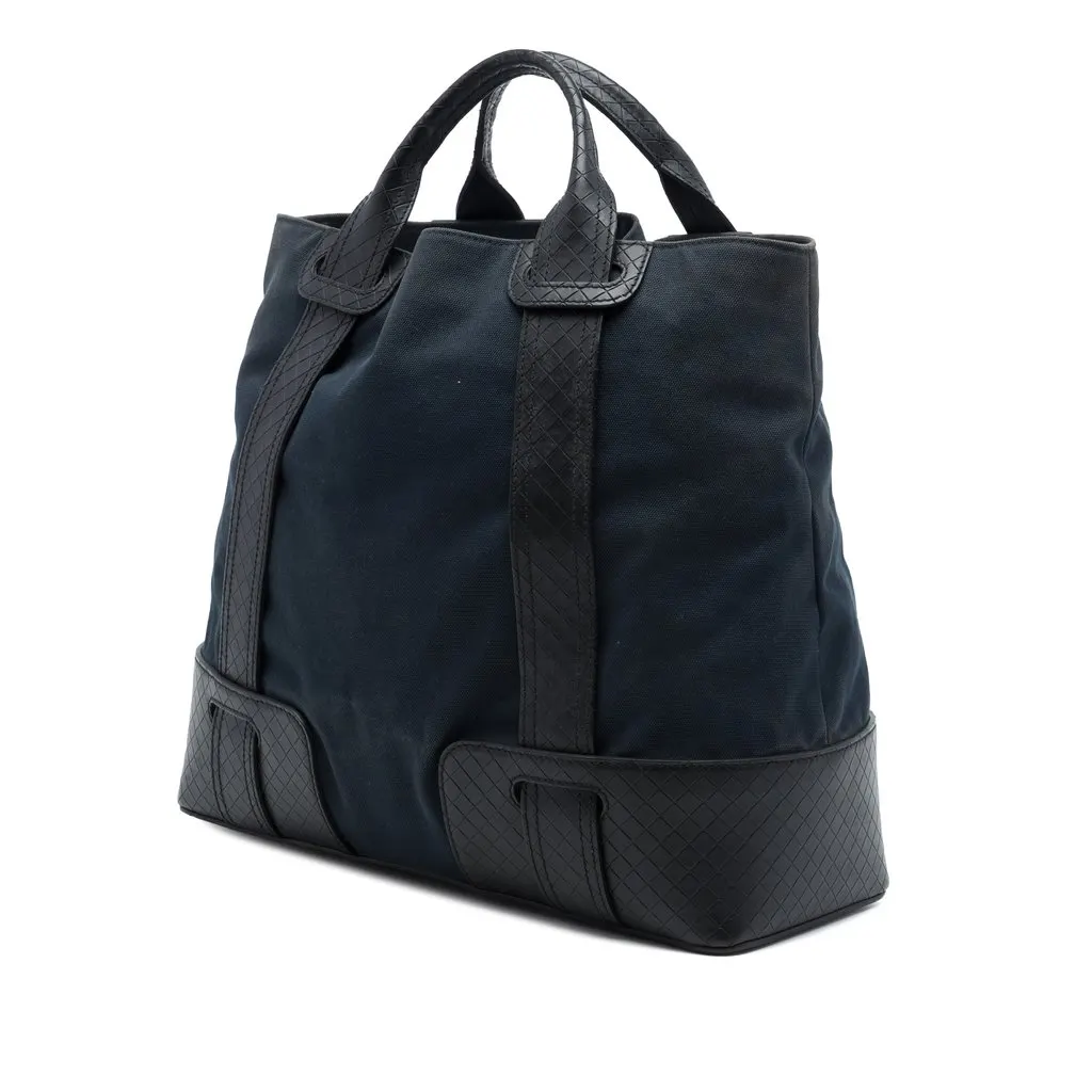 Bottega Veneta Nappa Intrecciato Trimmed Canvas Tote Blue Canvas Good - Back View