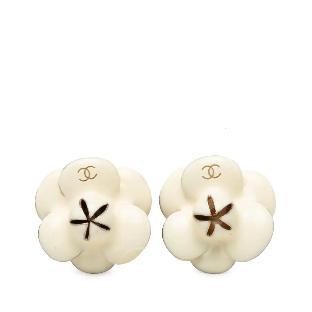Chanel CC Gold Plated Enamel Camellia Clip On Earrings White Enamel Very good - Front View