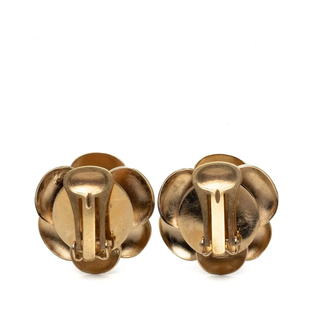 Chanel CC Gold Plated Enamel Camellia Clip On Earrings White Enamel Very good - Back View