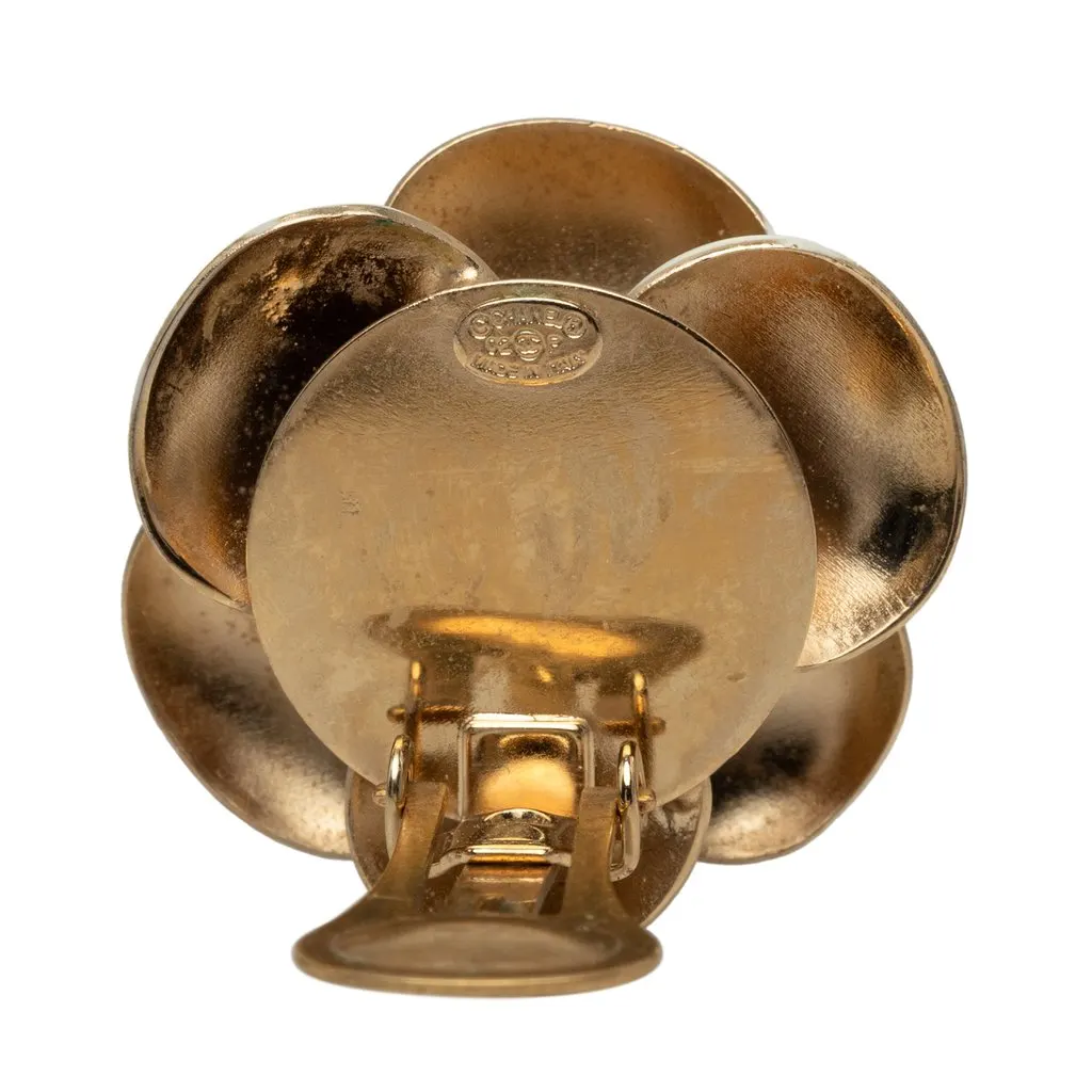 Chanel CC Gold Plated Enamel Camellia Clip On Earrings White Enamel Very good - Inside View