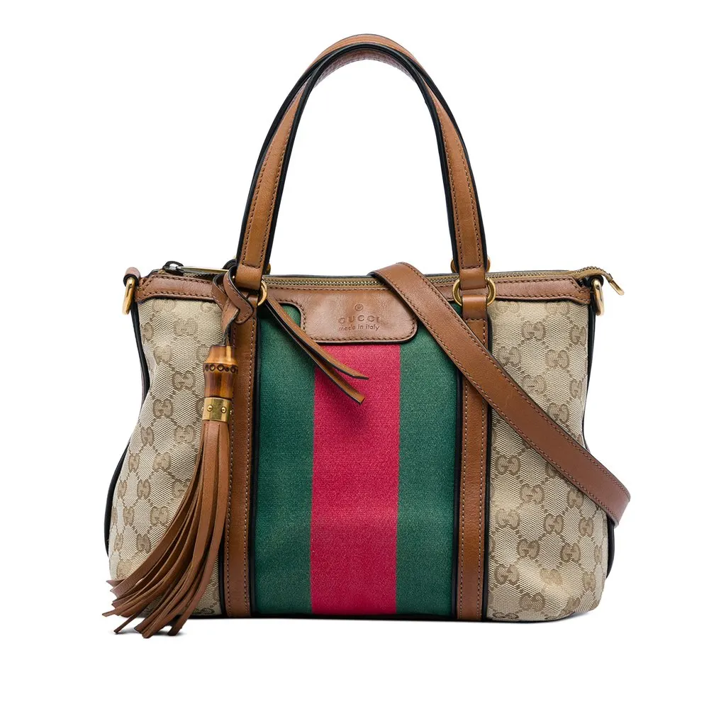 Gucci GG Canvas Bamboo Tassel Web Satchel Beige Canvas Very good - Front View