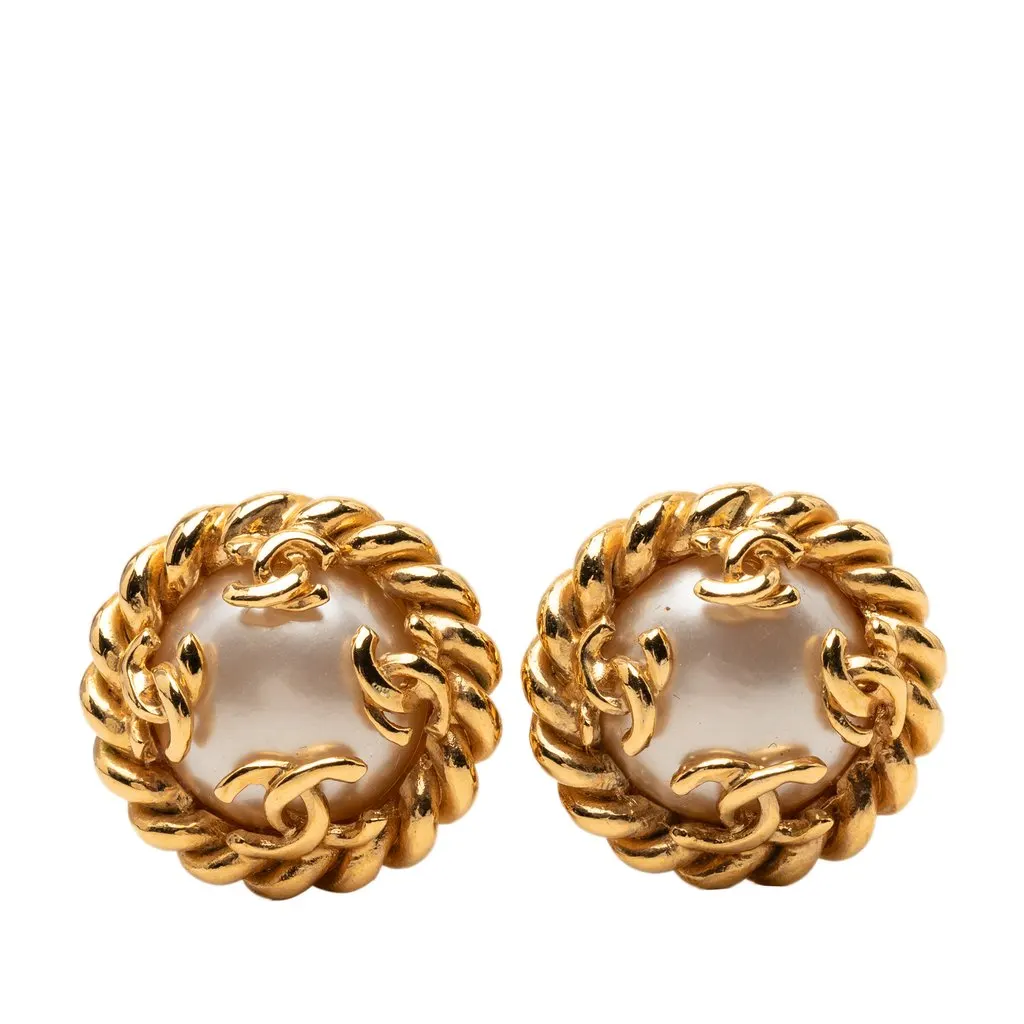 Chanel CC Gold Plated Faux Pearl Clip On Earrings Gold Metal Very good - Front View