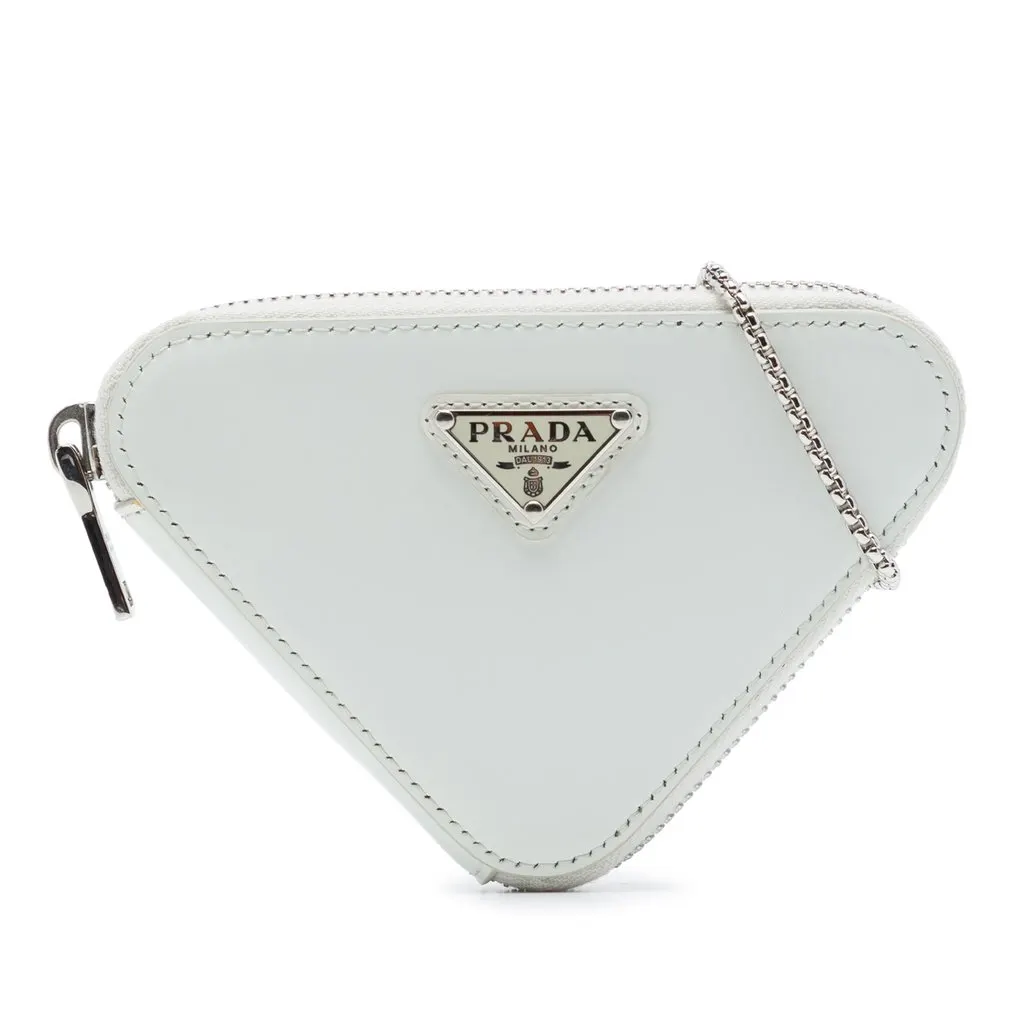 Prada Mini Brushed Leather Triangle Chain Pouch White Leather Very good - Front View