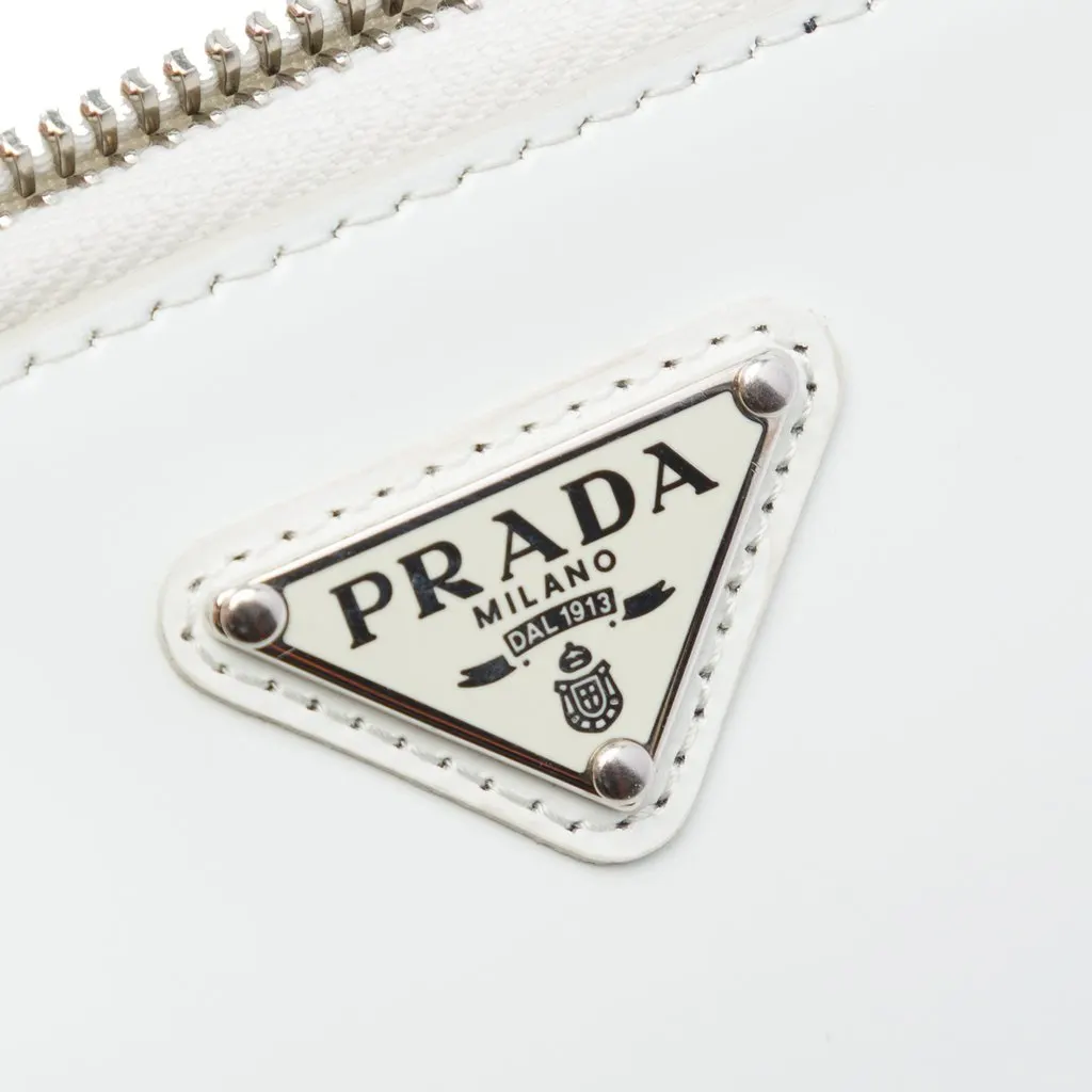 Prada Mini Brushed Leather Triangle Chain Pouch White Leather Very good - Box View