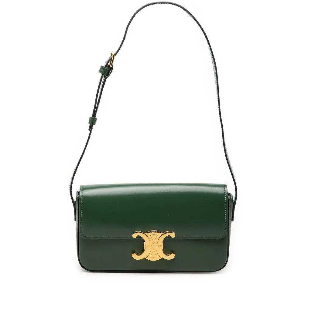 Celine Shiny Calfskin Claude Shoulder Bag Green Leather Very good - Front View