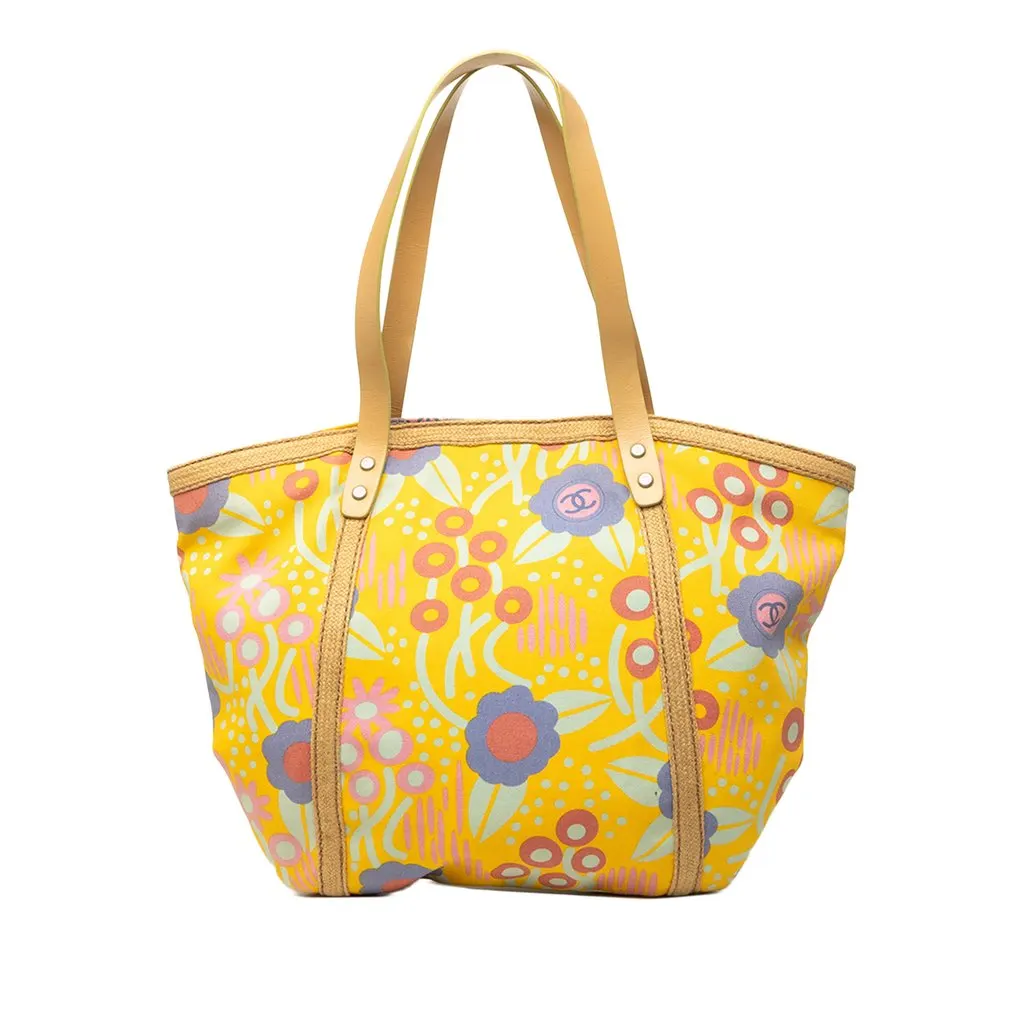 Chanel CC Canvas High Summer Flower Tote Yellow Canvas Good - Front View