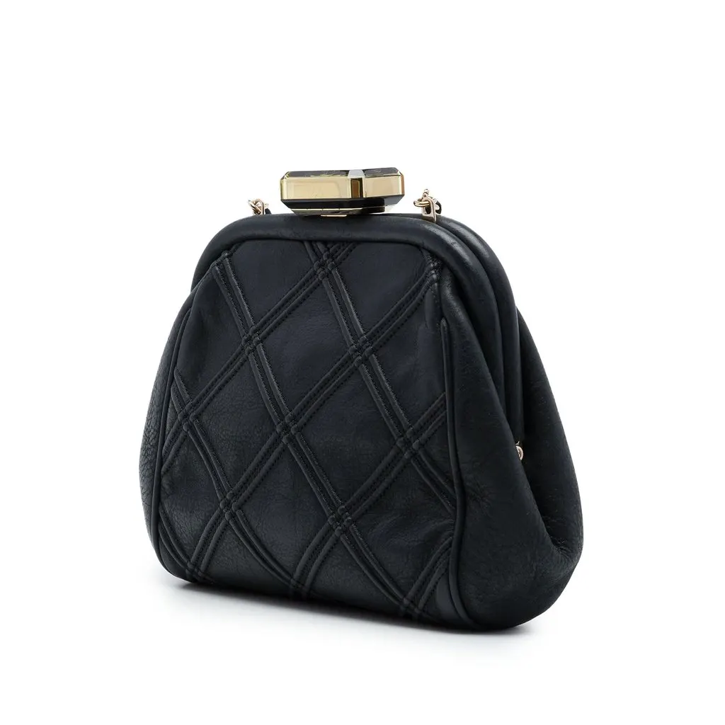 Chanel CC Quilted Lambskin Double Stitch Kiss Lock Clutch with Chain Black Leather Very good - Back View
