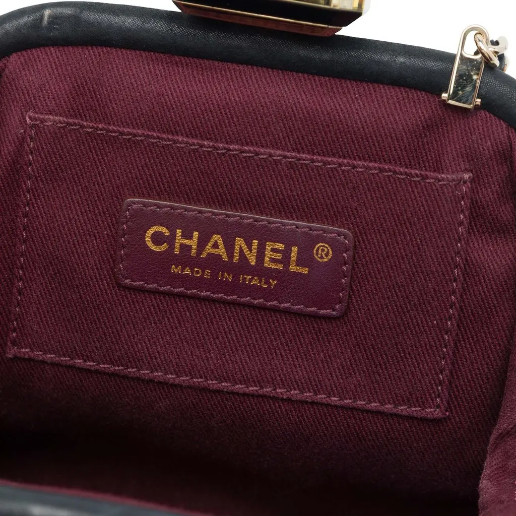 Chanel CC Quilted Lambskin Double Stitch Kiss Lock Clutch with Chain Black Leather Very good - Box View