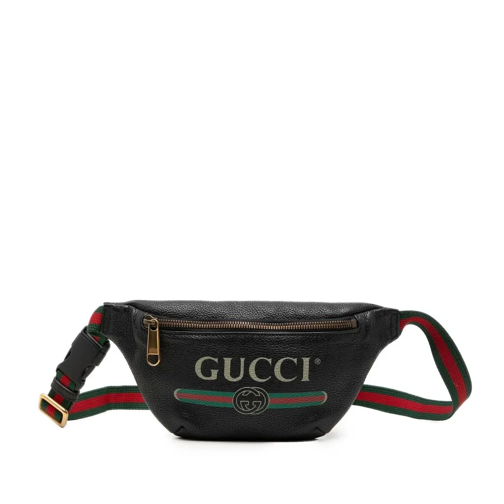 Gucci Small Grained Calfskin Web Logo Belt Bag Black Leather Very good - Front View