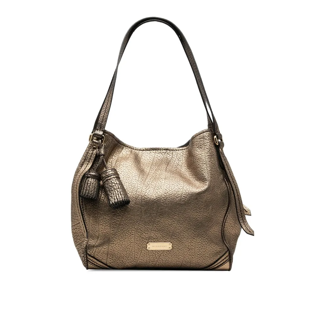 Burberry Small Metallic Grained Calfskin Saddle Stitch Canterbury Tassel Tote Gold Leather Good - Front View