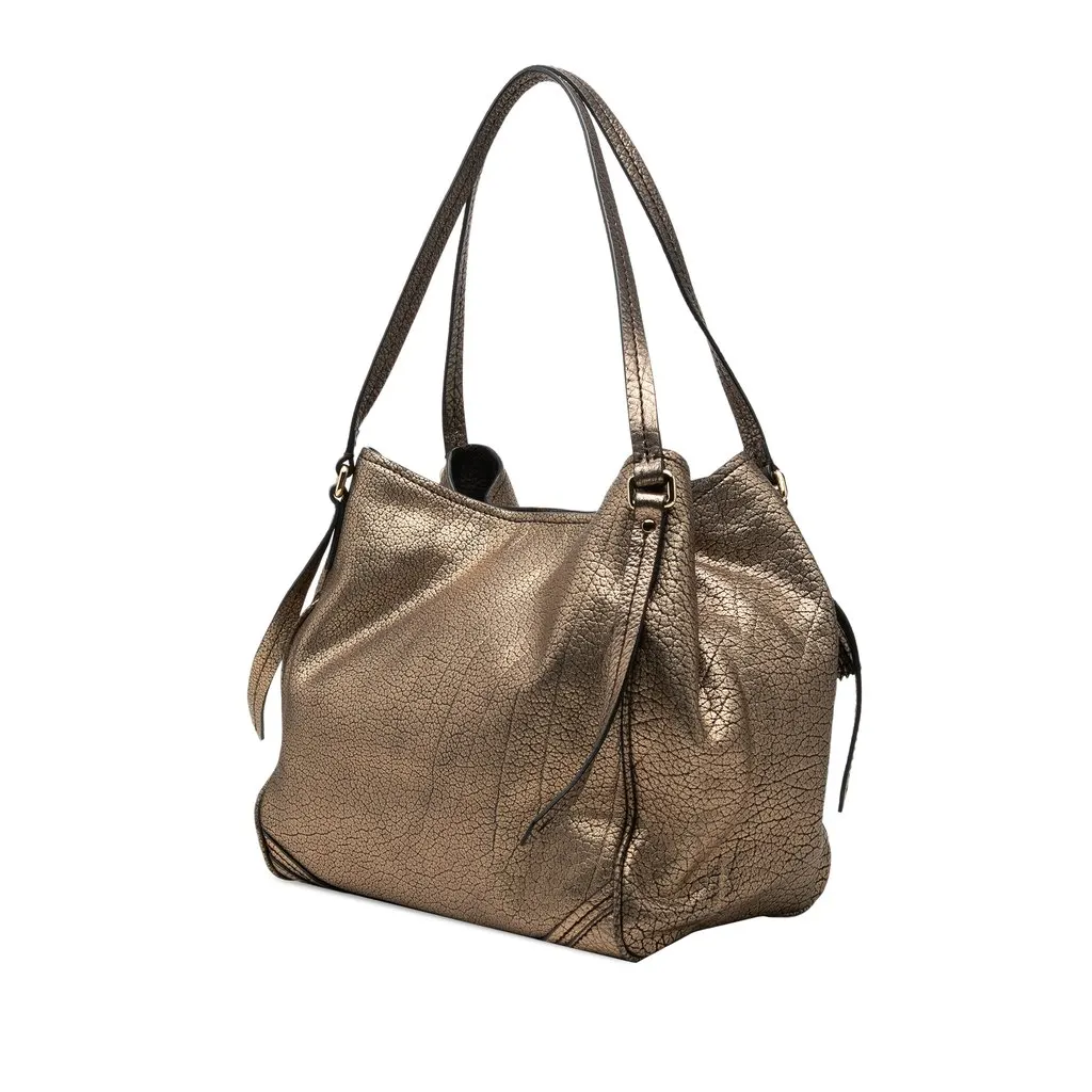 Burberry Small Metallic Grained Calfskin Saddle Stitch Canterbury Tassel Tote Gold Leather Good - Back View