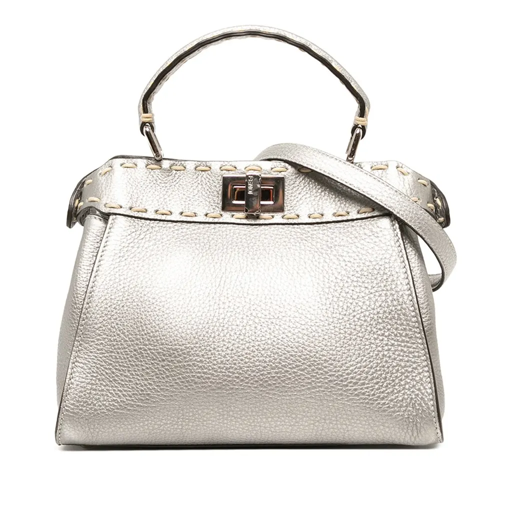 Fendi Mini Metallic Leather Selleria Peekaboo Iconic Satchel Silver Leather Good - Front View