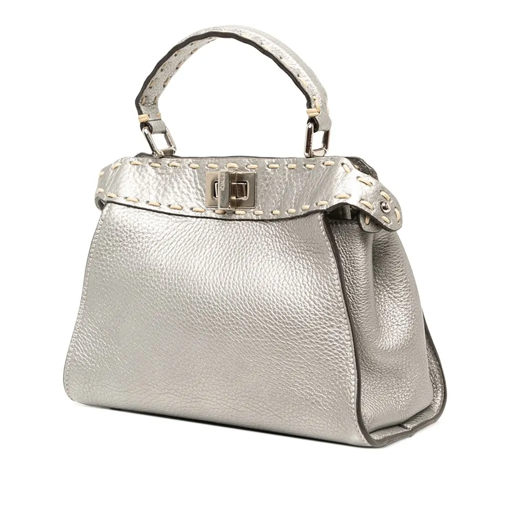 Fendi Mini Metallic Leather Selleria Peekaboo Iconic Satchel Silver Leather Good - Back View