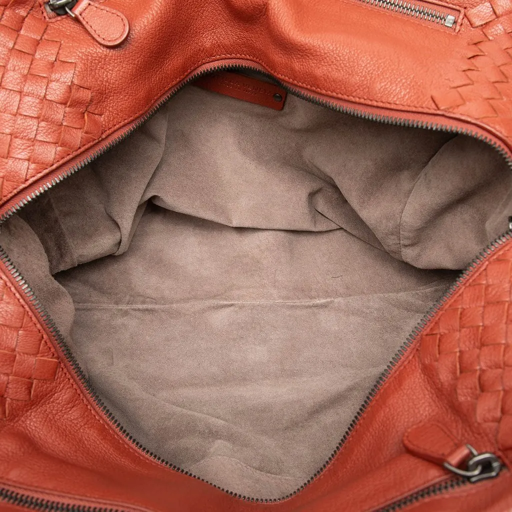 Bottega Veneta Medium Intrecciato Trimmed Goatskin Madras Brera Handbag Brown Leather Very good - Model View