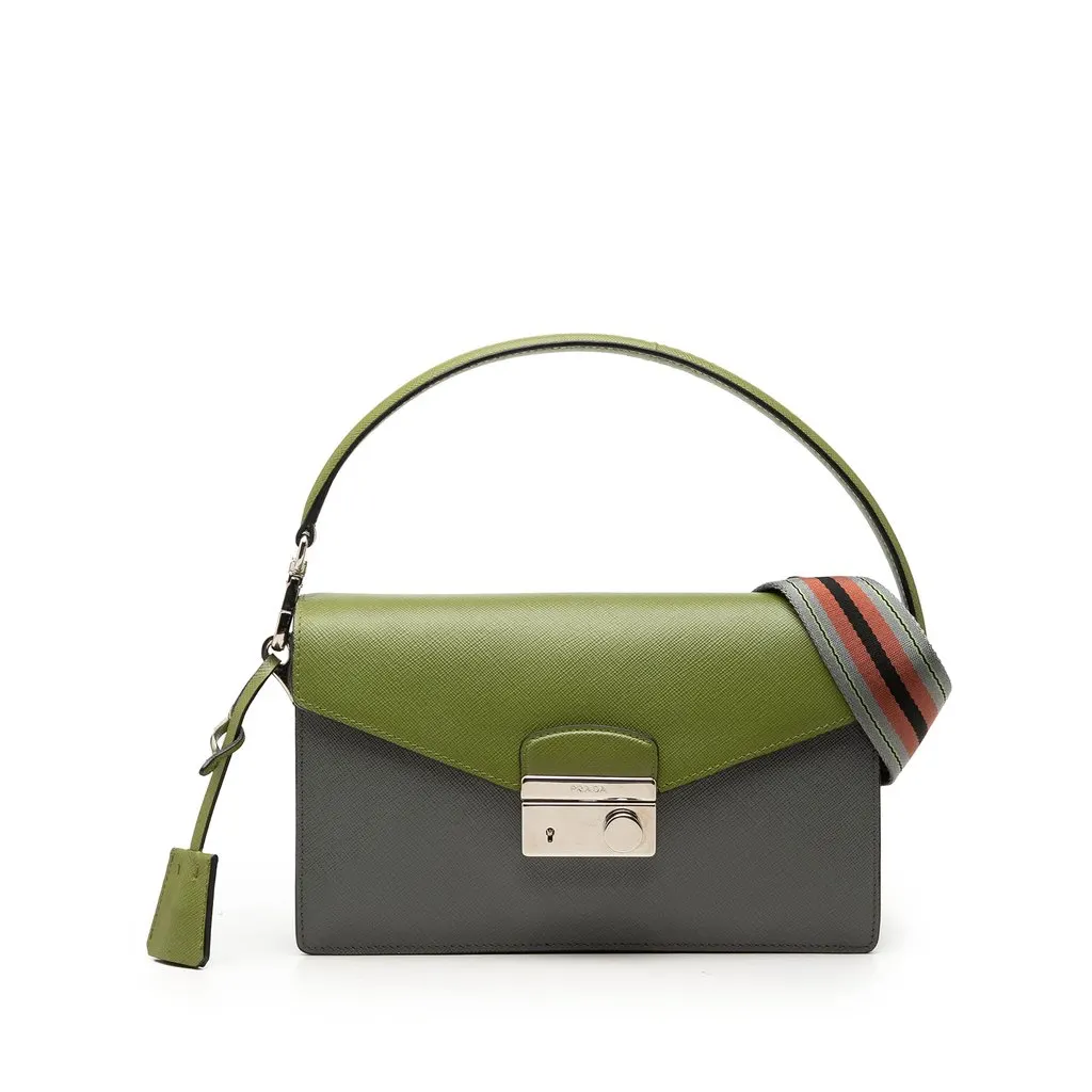 Prada Bicolor Saffiano Lux Sound Lock Satchel Green Leather Very good - Front View