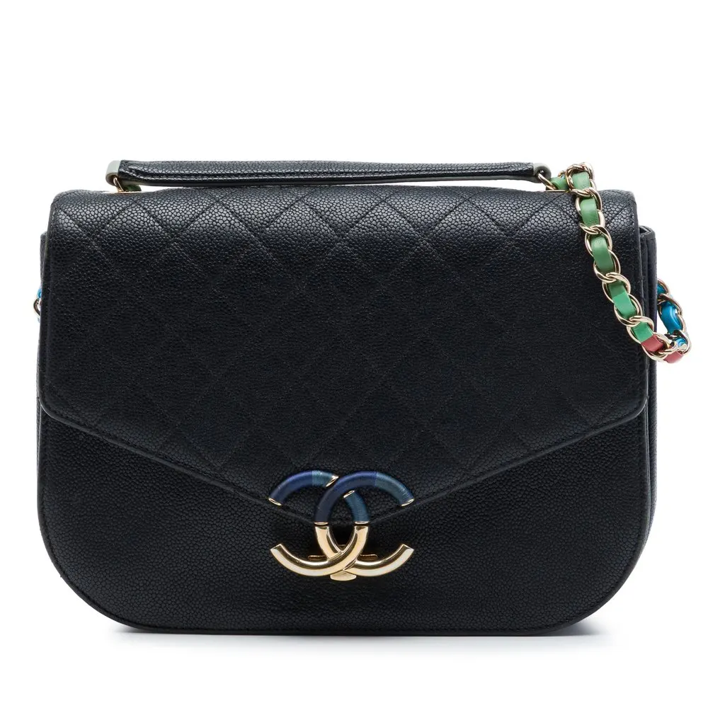 Chanel Paris Cuba Medium Quilted Caviar Thread Around Flap Black Leather Very good - Front View