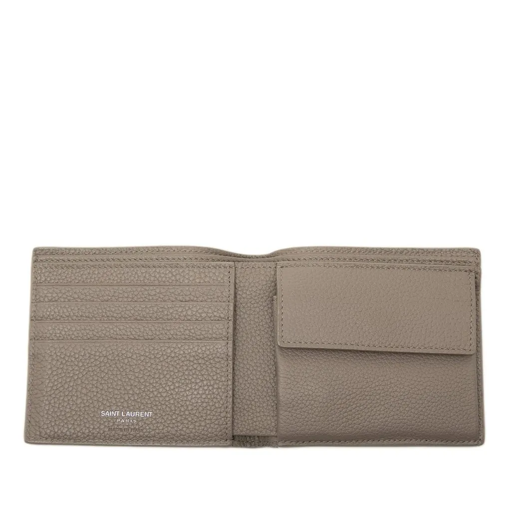 Saint Laurent Grained Leather Tiny Cassandre Bifold Wallet Beige Leather Very good - Model View