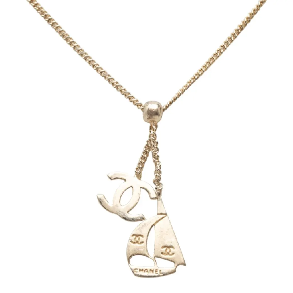 Chanel CC Gold Plated Sailboat Pendant Necklace Gold Metal Very good - Back View