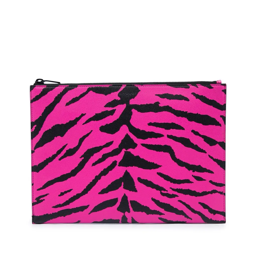Saint Laurent Grain De Poudre Zebra Print Zip Clutch Pink Leather Very good - Front View