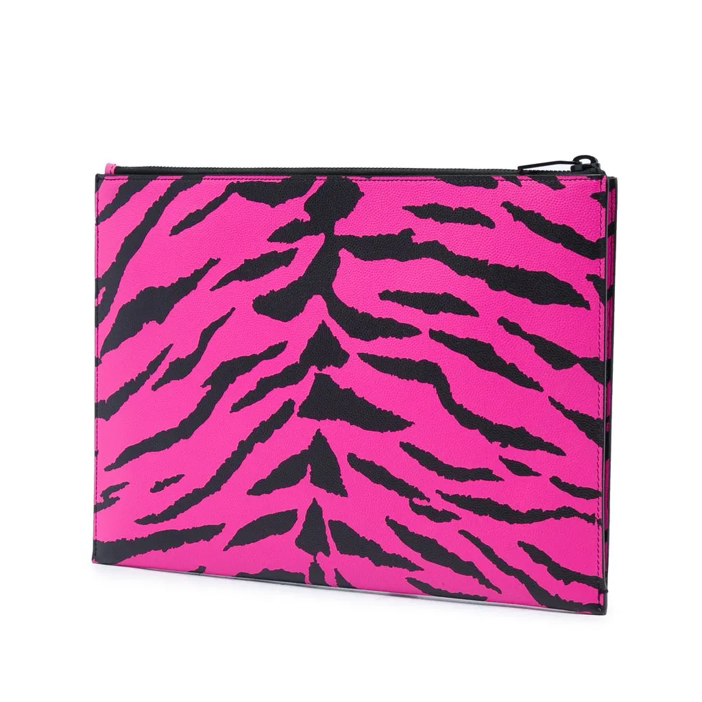 Saint Laurent Grain De Poudre Zebra Print Zip Clutch Pink Leather Very good - Back View