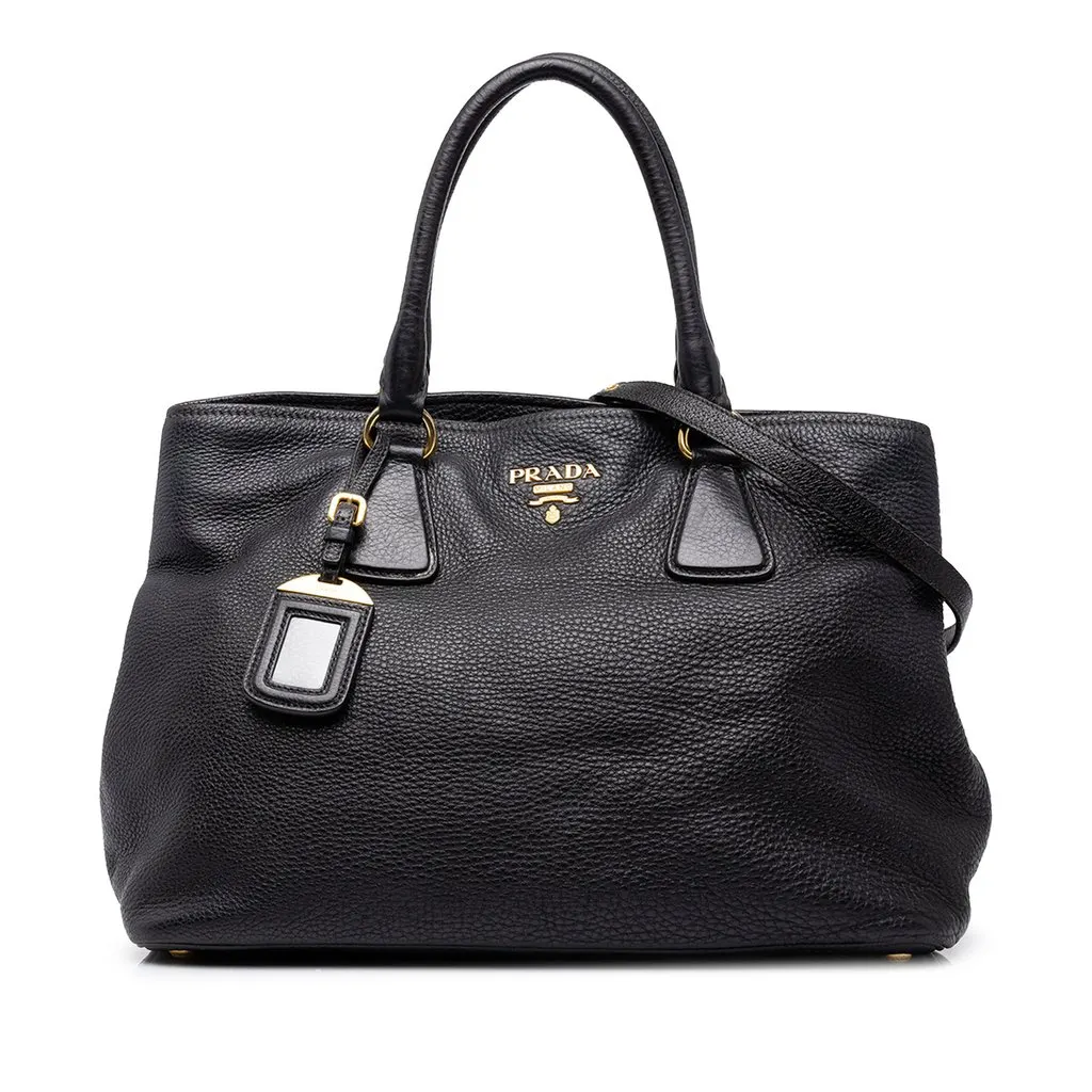 Prada Vitello Daino Open Convertible Tote Black Leather Good - Front View