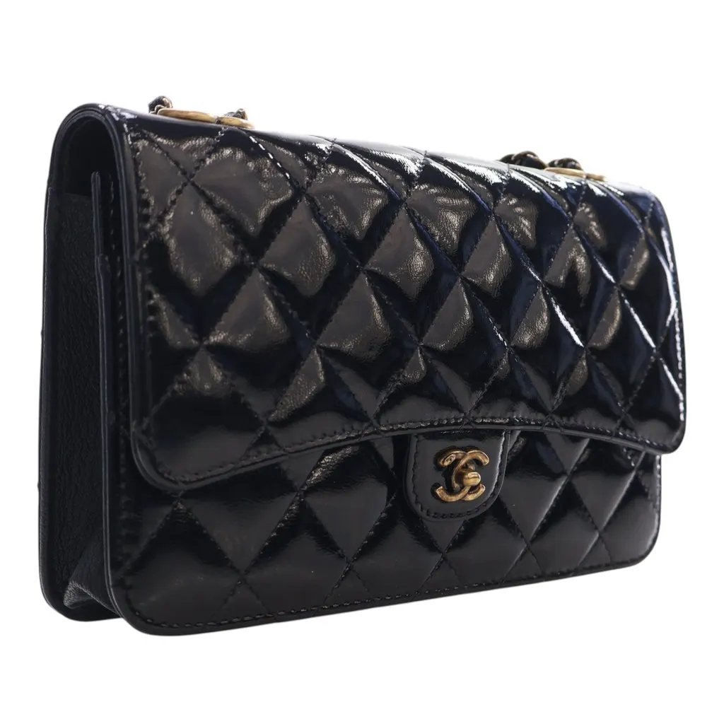 Chanel Quilted Patent and Goatskin CC Eyelet Wallet On Chain Black Leather Very good - Back View