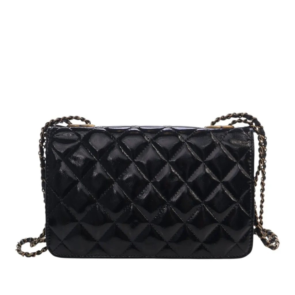 Chanel Quilted Patent and Goatskin CC Eyelet Wallet On Chain Black Leather Very good - Model View