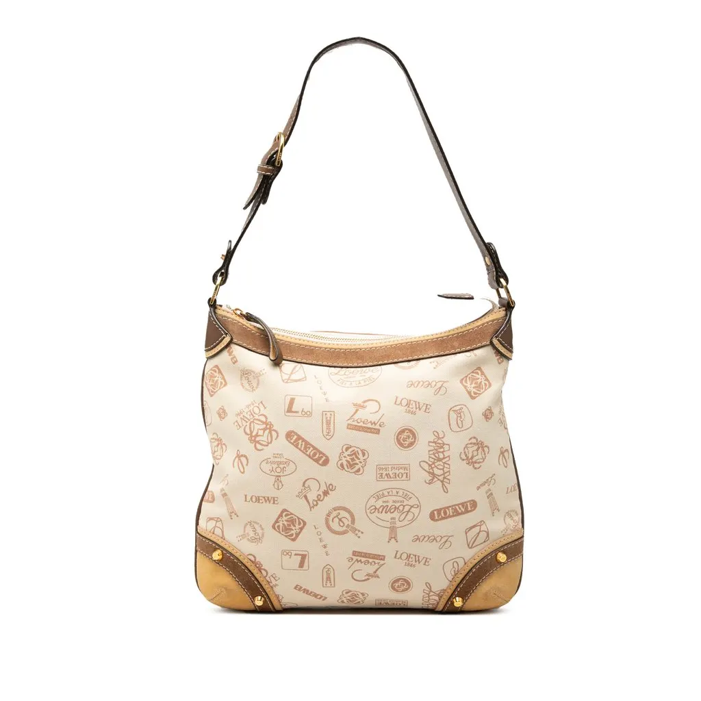 LOEWE 160th Anniversary Suede Trimmed Canvas Shoulder Bag Beige Very good - Front View