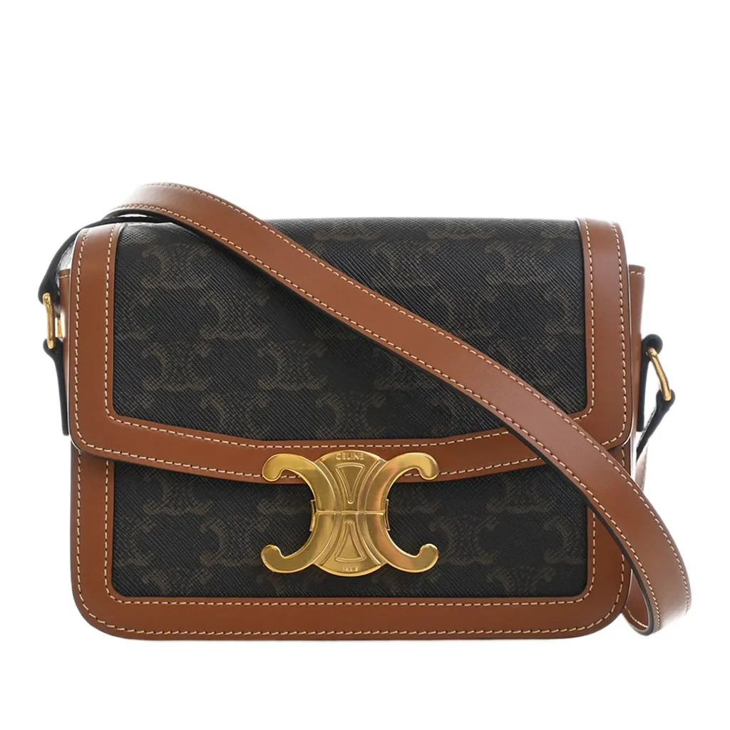 Celine Teen Triomphe Coated Canvas and Calfskin Triomphe Crossbody Brown Very good - Front View
