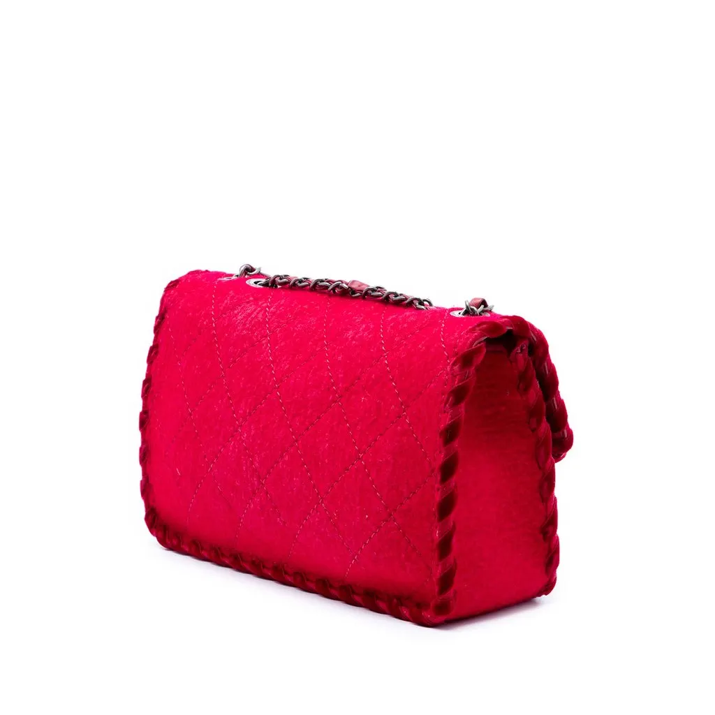 Chanel CC Quilted Wool Felt Whipstitch Fancy Flap Red Very good - Back View