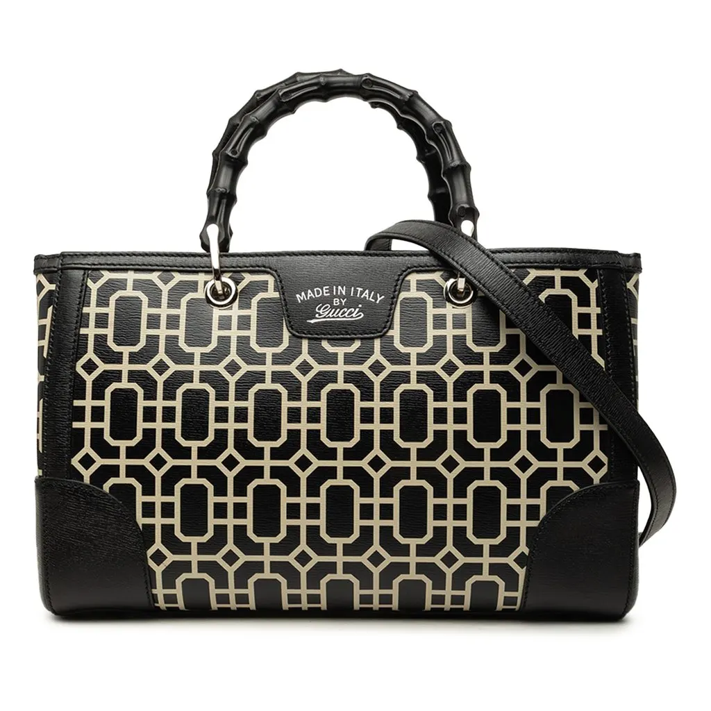 Gucci Medium Printed Calfskin Bamboo Satchel Black Leather Very good - Front View