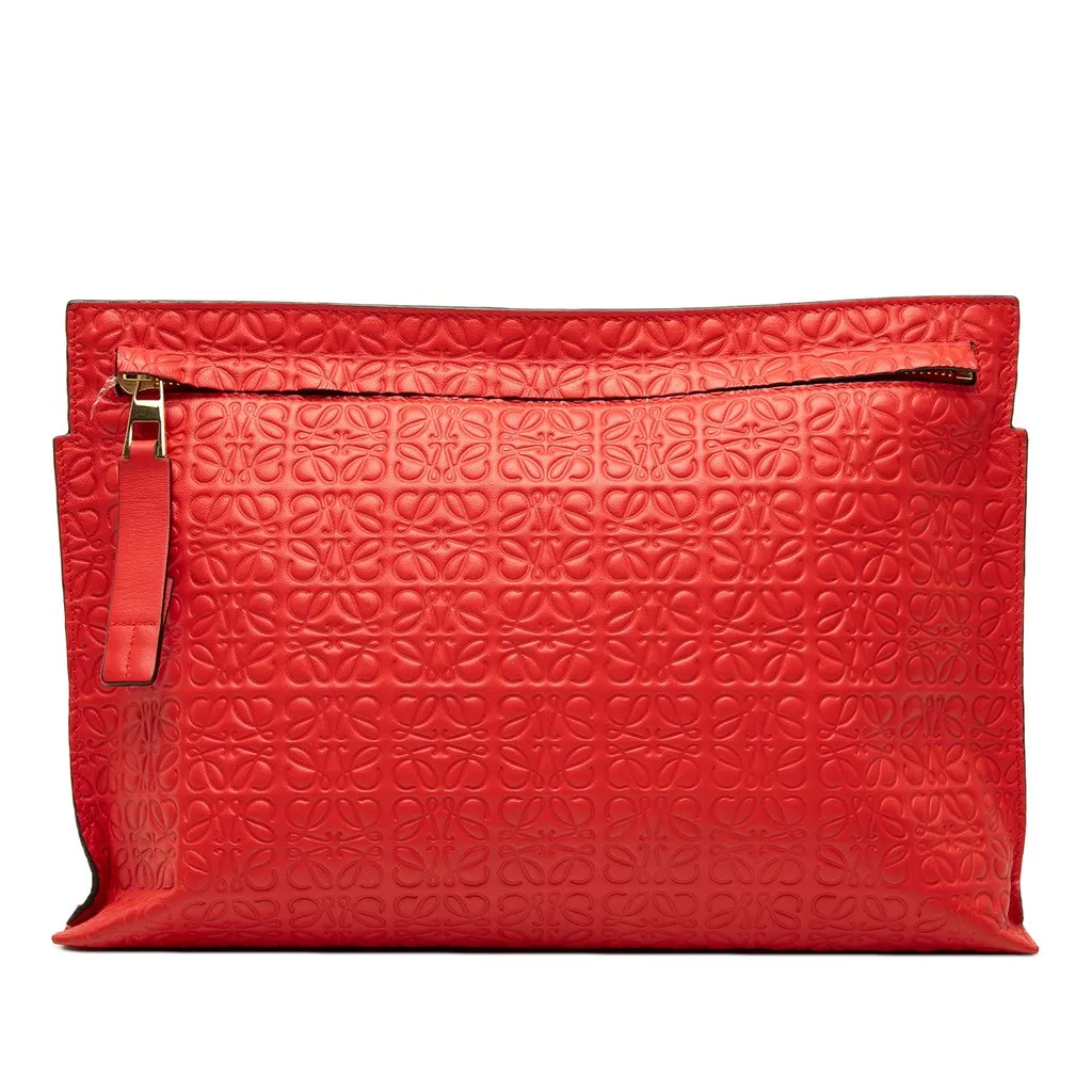 LOEWE Embossed Calfskin Anagram Repeat T Pouch Red Leather Very good - Front View