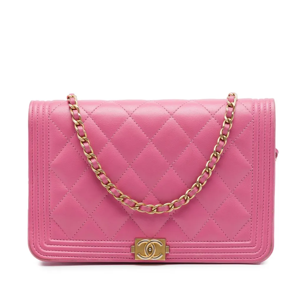 Chanel Quilted Lambskin Boy Wallet On Chain Pink Leather Very good - Front View
