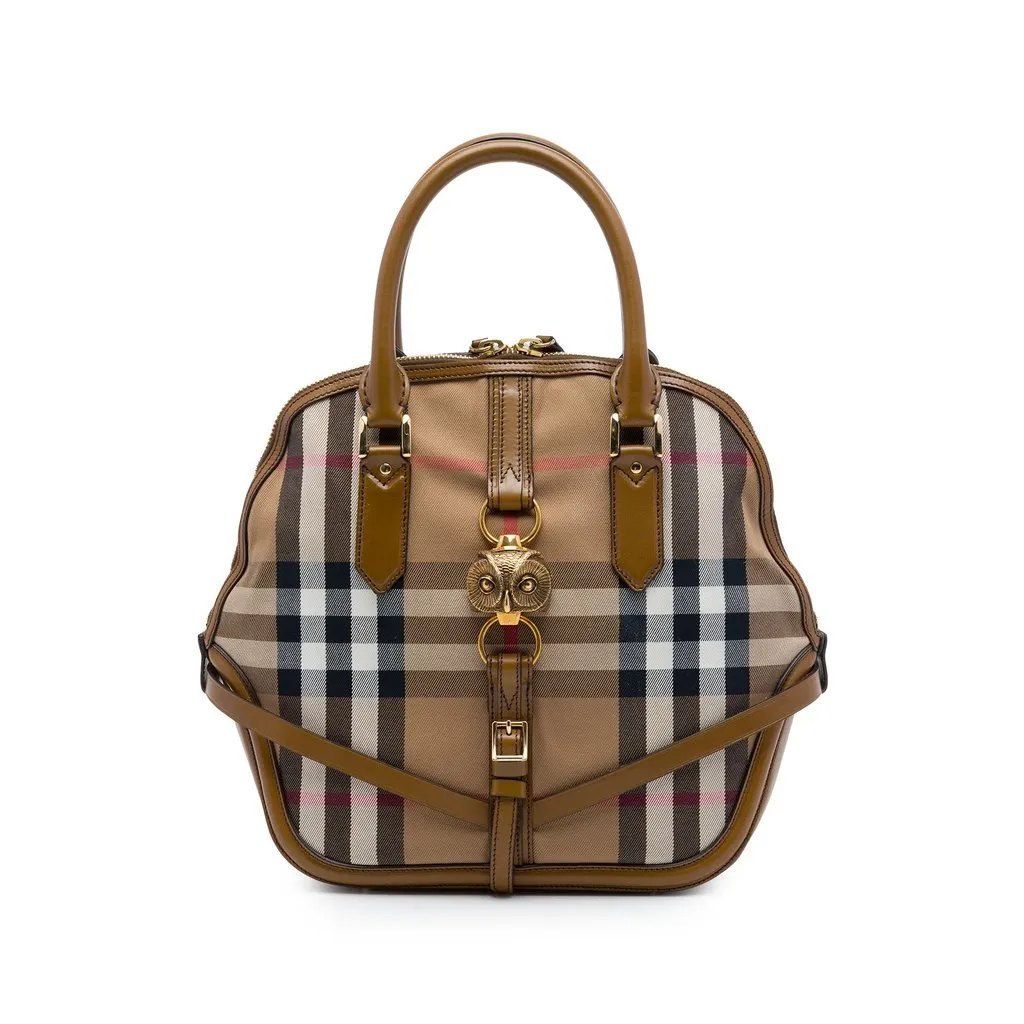 Burberry Medium House Check Canvas Bridle Owl Orchard Handbag Brown Very good - Front View