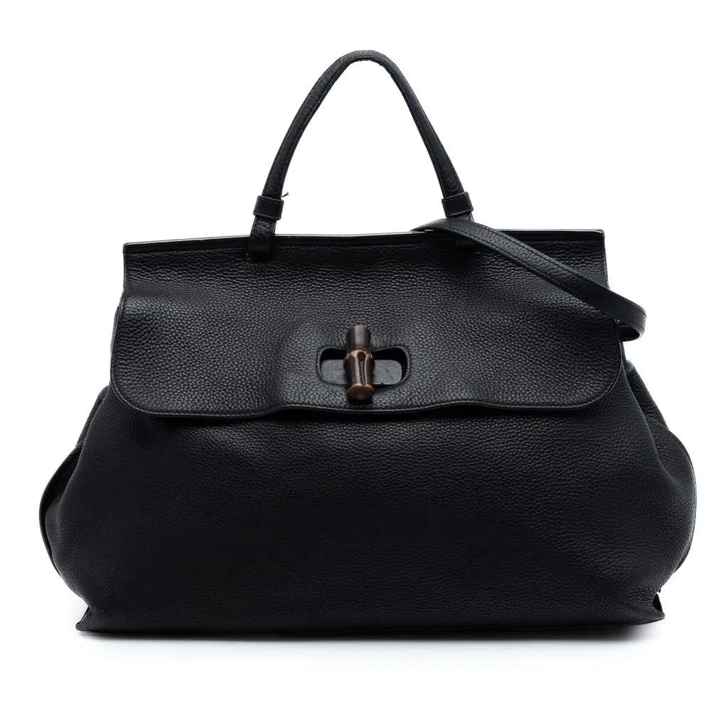 Gucci Large Calfskin Bamboo Daily Satchel Black Leather Very good - Front View