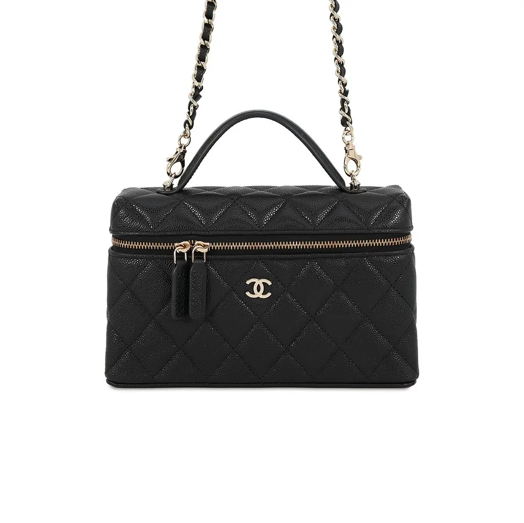 Chanel Mini CC Quilted Caviar Slim Vanity Case with Chain Black Leather Never worn - Front View