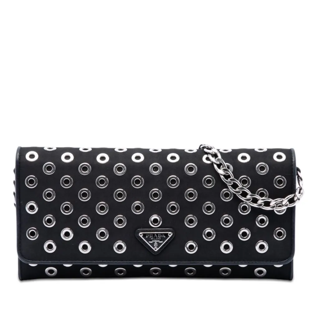 Prada Tessuto Grommet Wallet On Chain Black Very good - Front View