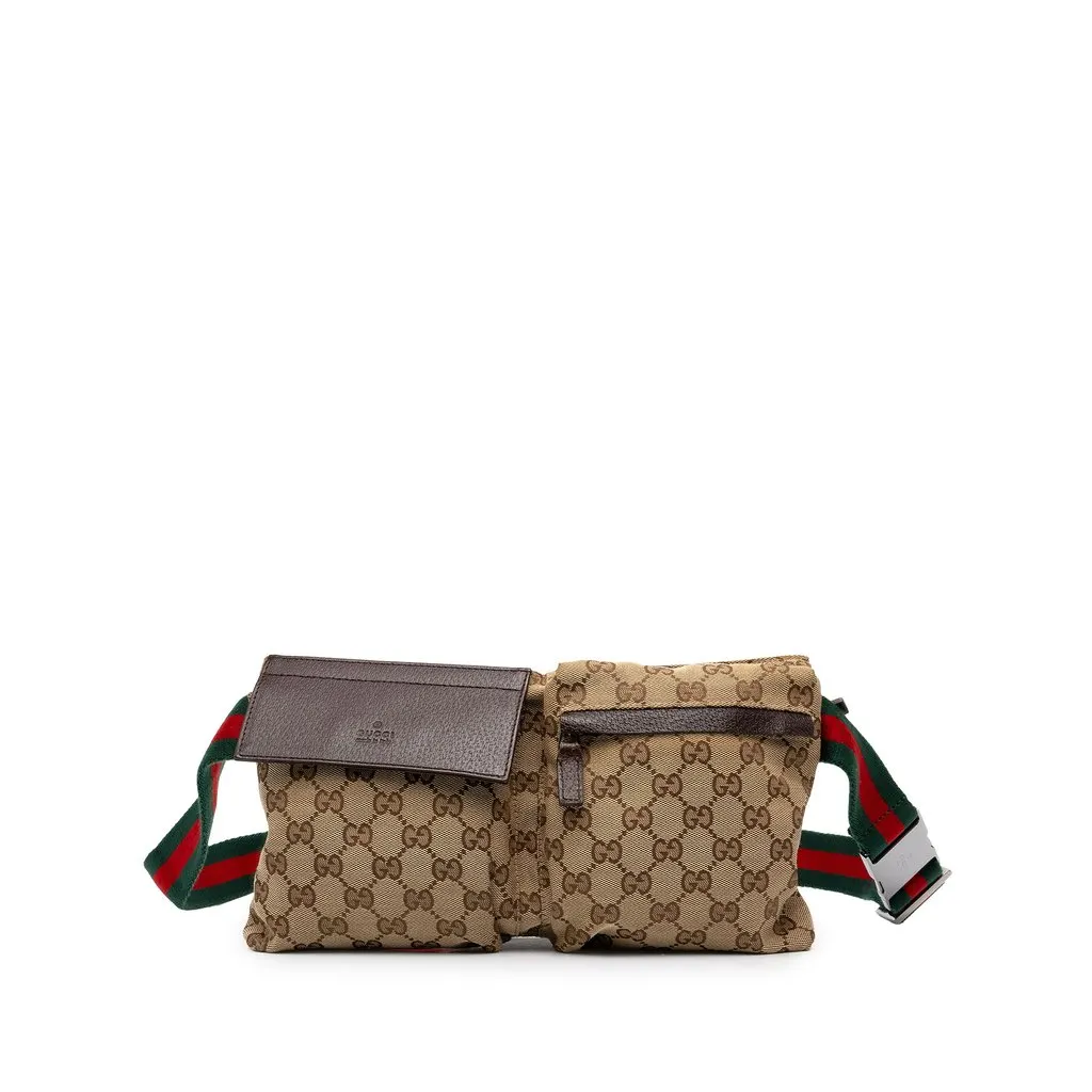 Gucci GG Canvas Web Double Pocket Belt Bag Beige Canvas Good - Front View