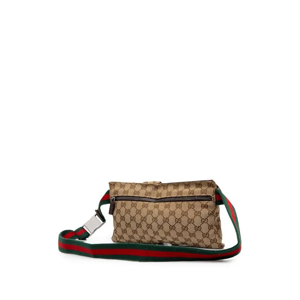 Gucci GG Canvas Web Double Pocket Belt Bag Beige Canvas Good - Back View