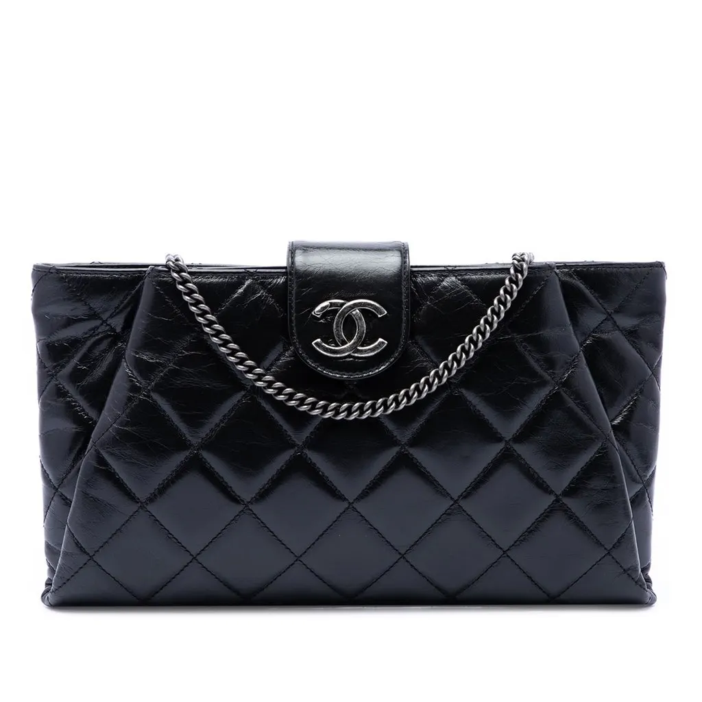Chanel Quilted Glazed Calfskin Coco Pleats Chain Clutch Black Leather Very good - Front View