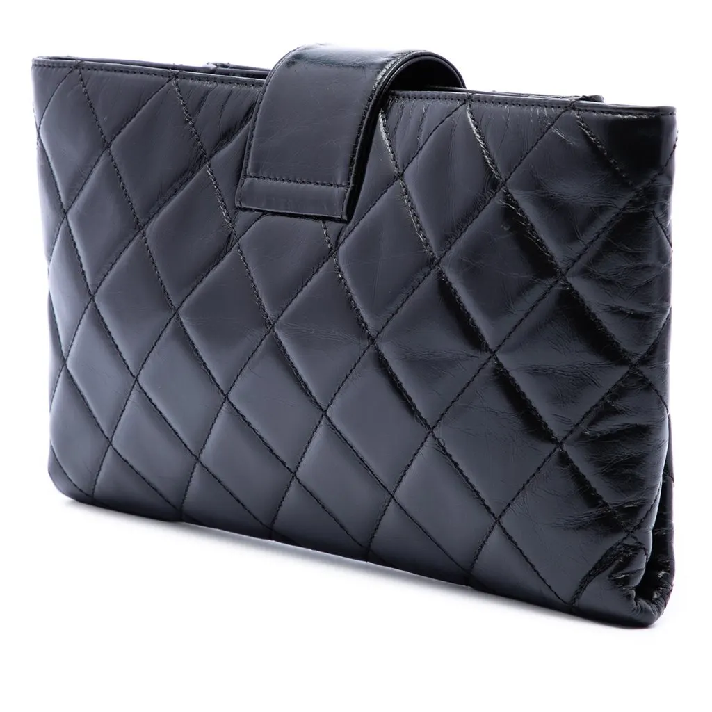 Chanel Quilted Glazed Calfskin Coco Pleats Chain Clutch Black Leather Very good - Back View