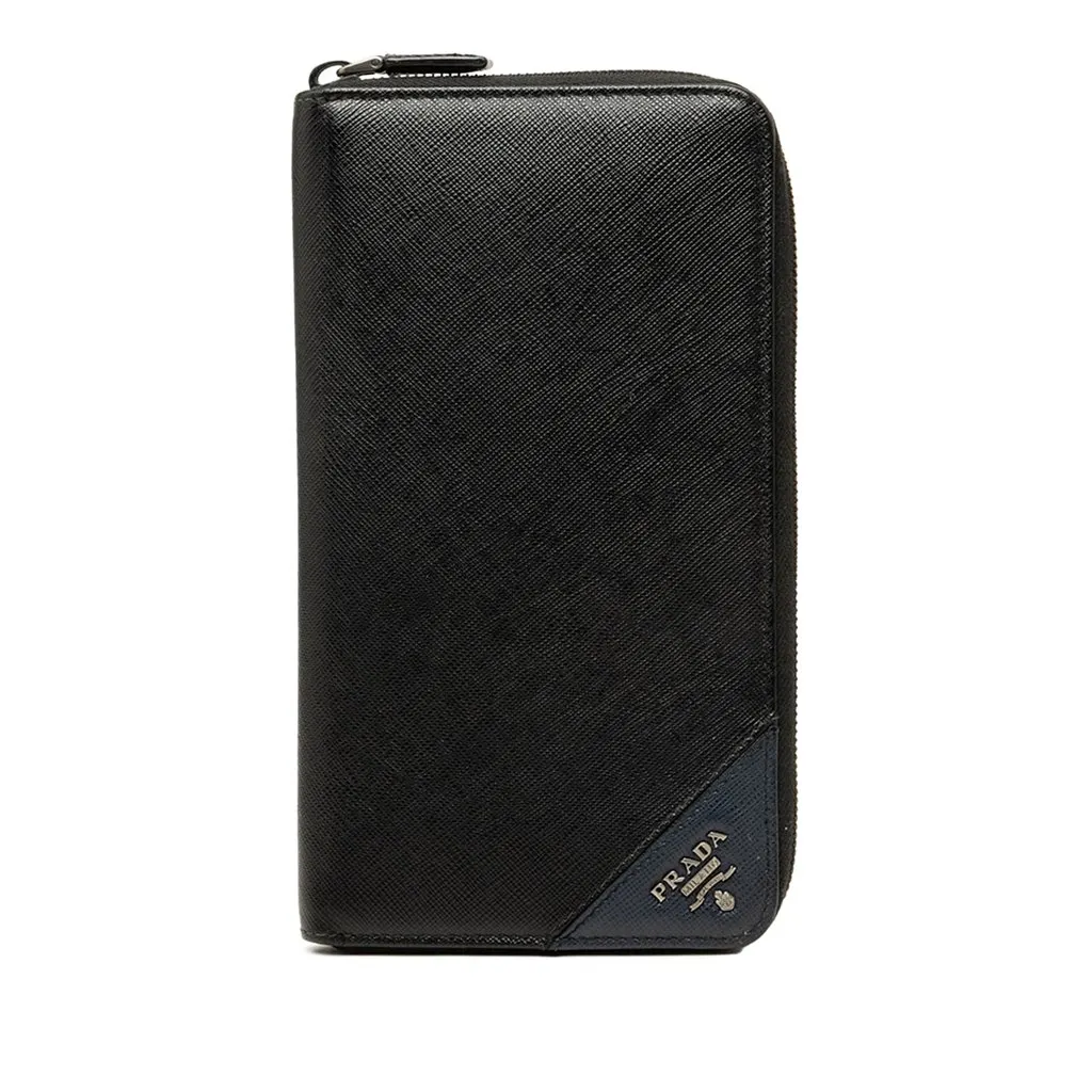 Prada Saffiano Zip Around Long Wallet Black Leather Very good - Front View